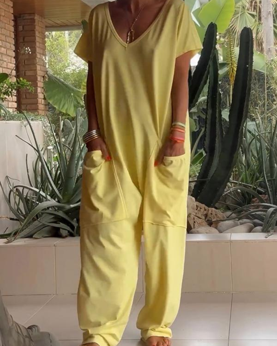 Marella - Casual V-neck Solid Color Jumpsuit