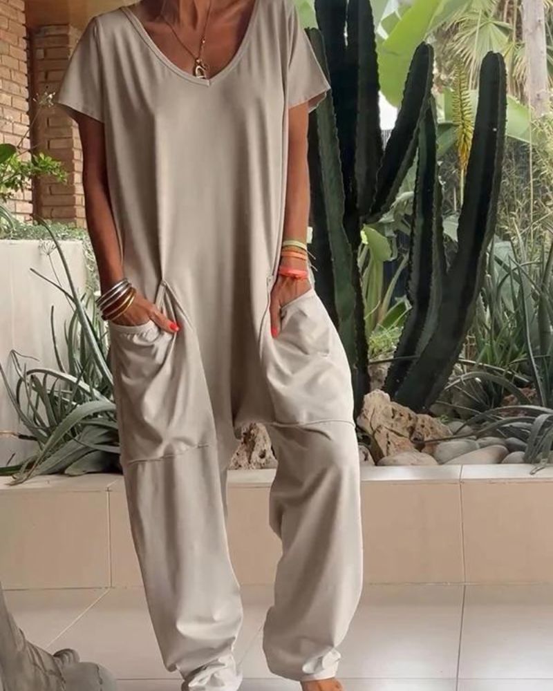 Marella - Casual V-neck Solid Color Jumpsuit