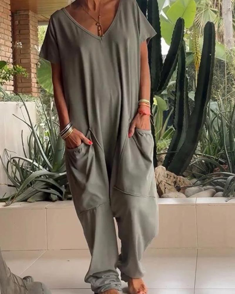 Marella - Casual V-neck Solid Color Jumpsuit