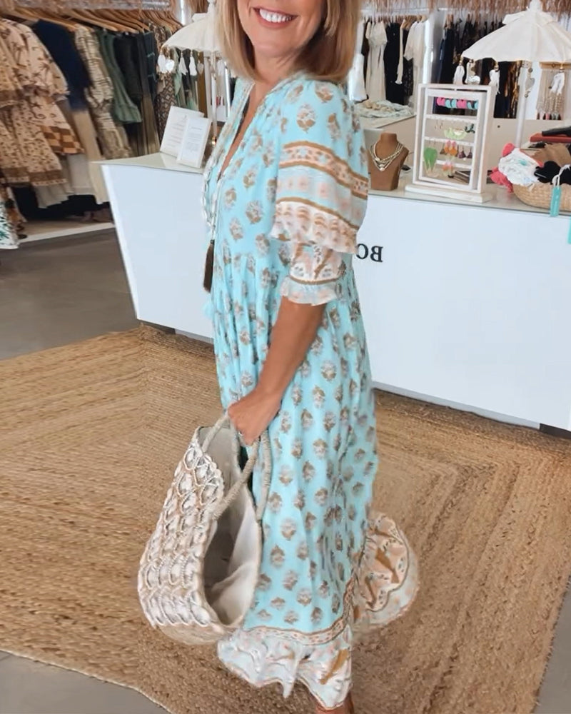 VERENA- PRINTED V-NECK HALF SLEEVE DRESS