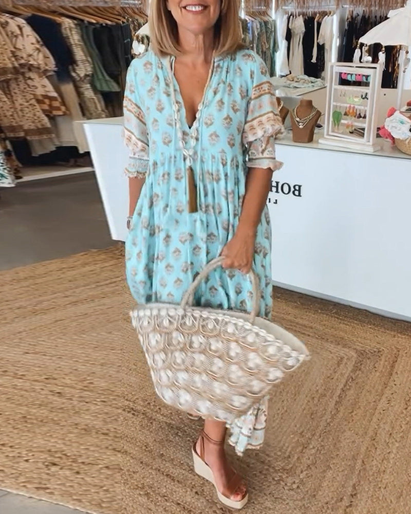 VERENA- PRINTED V-NECK HALF SLEEVE DRESS