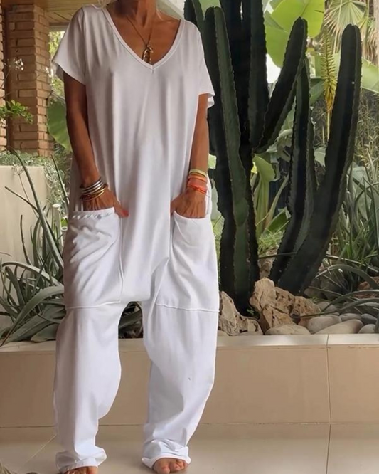Marella - Casual V-neck Solid Color Jumpsuit