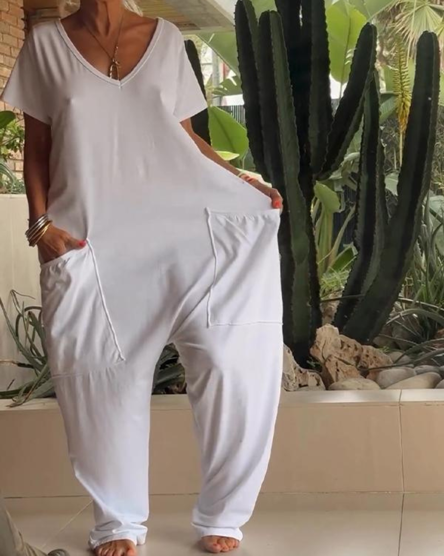 Marella - Casual V-neck Solid Color Jumpsuit