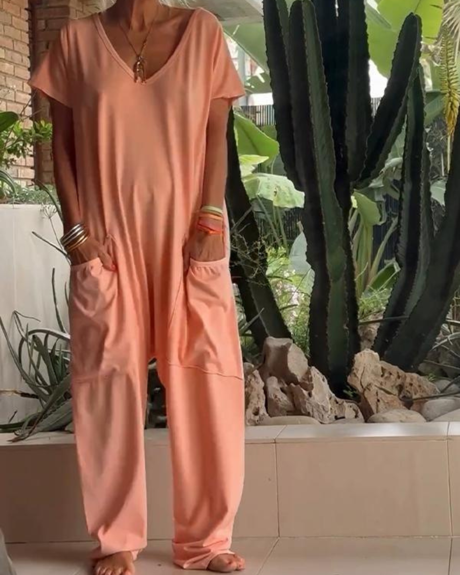 Marella - Casual V-neck Solid Color Jumpsuit