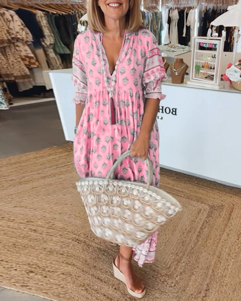 VERENA- PRINTED V-NECK HALF SLEEVE DRESS