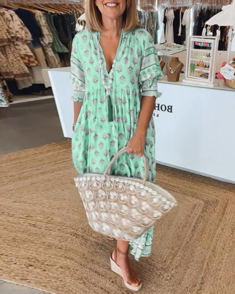 VERENA- PRINTED V-NECK HALF SLEEVE DRESS