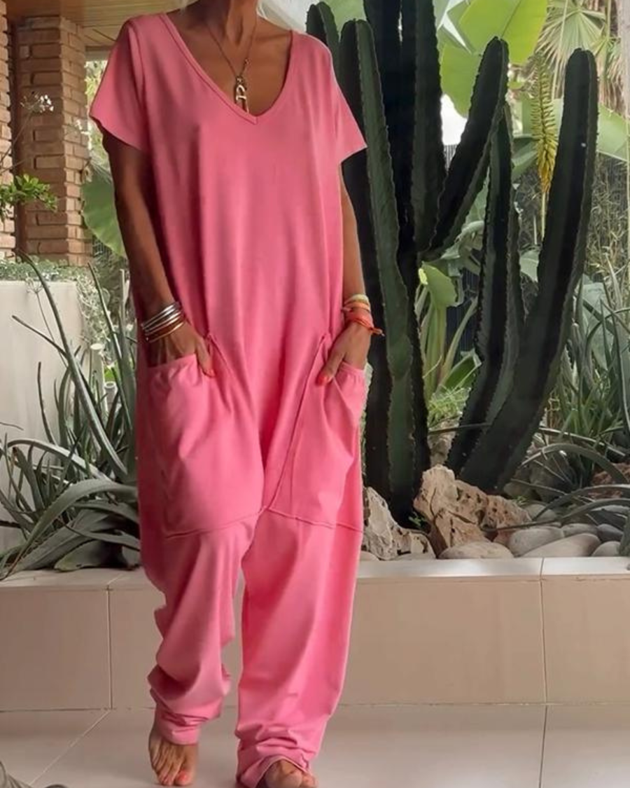 Marella - Casual V-neck Solid Color Jumpsuit