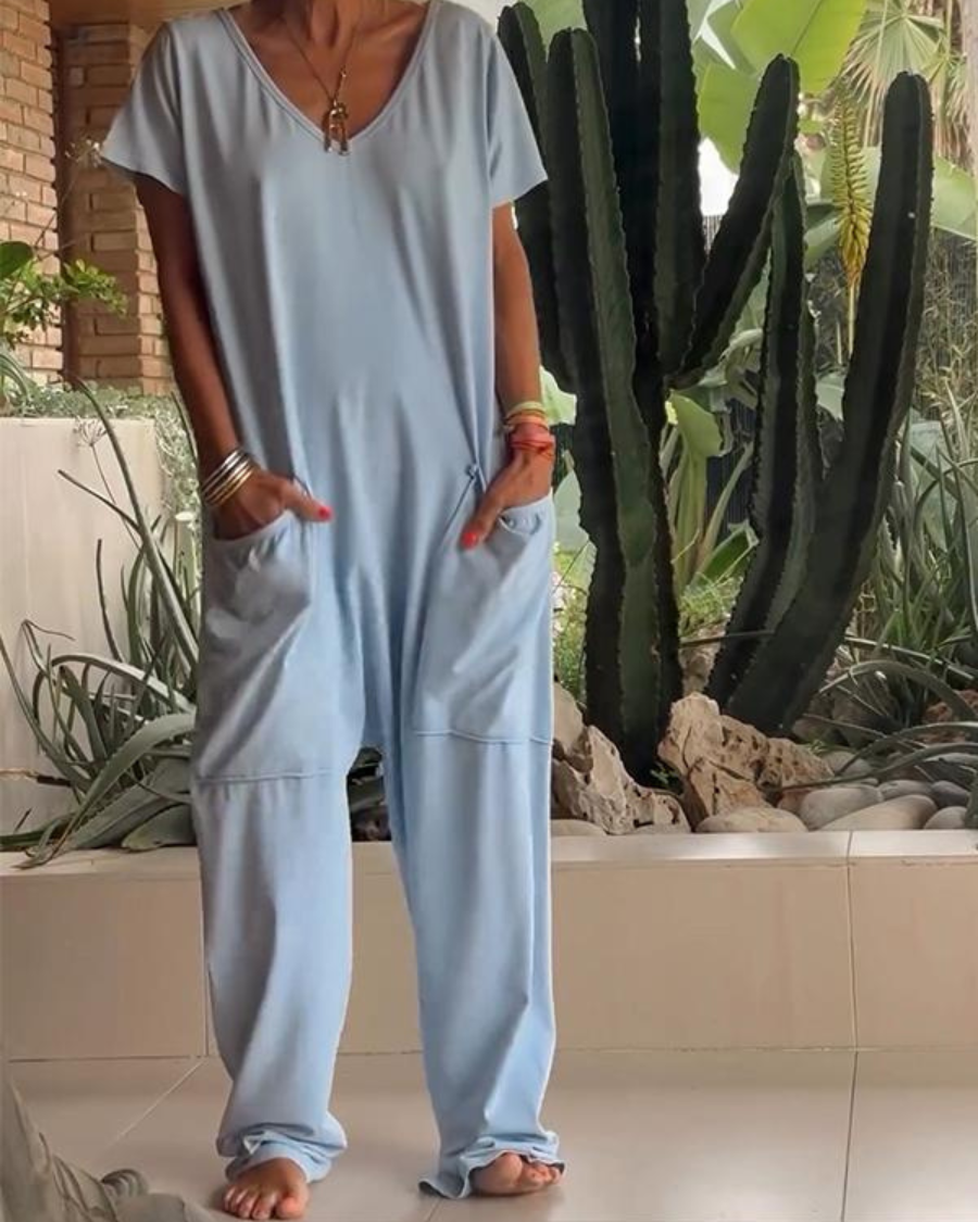Marella - Casual V-neck Solid Color Jumpsuit