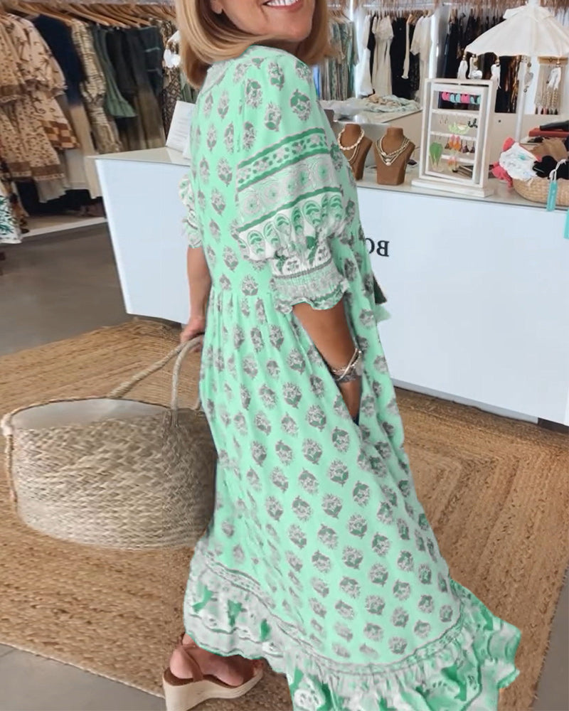 VERENA- PRINTED V-NECK HALF SLEEVE DRESS