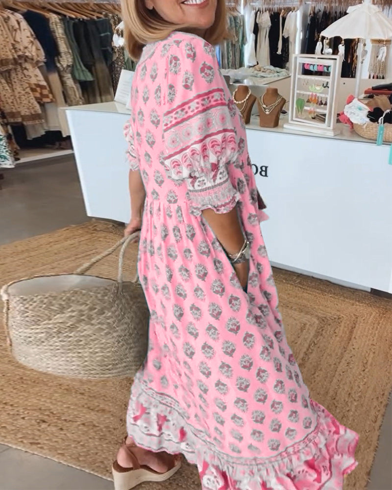 VERENA- PRINTED V-NECK HALF SLEEVE DRESS