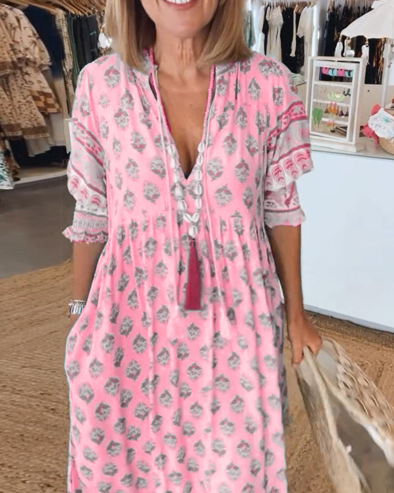 VERENA- PRINTED V-NECK HALF SLEEVE DRESS