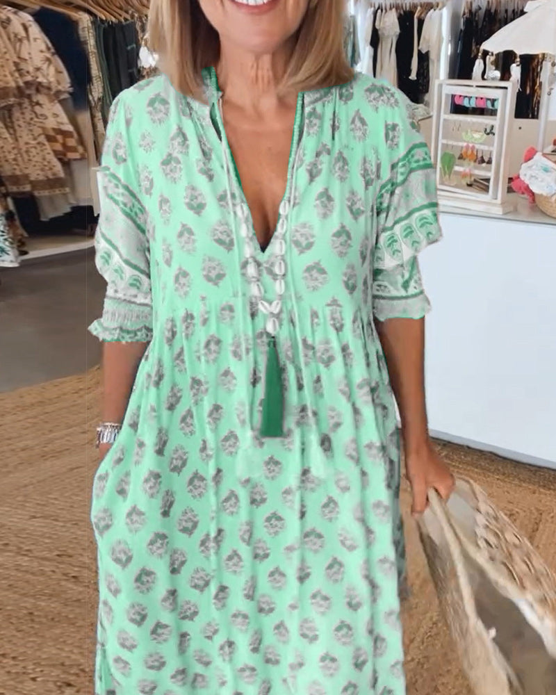 VERENA- PRINTED V-NECK HALF SLEEVE DRESS