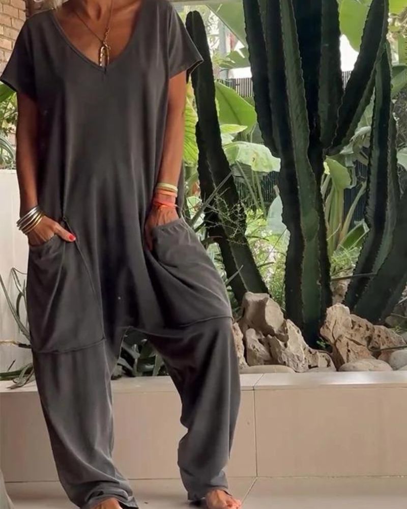 Marella - Casual V-neck Solid Color Jumpsuit