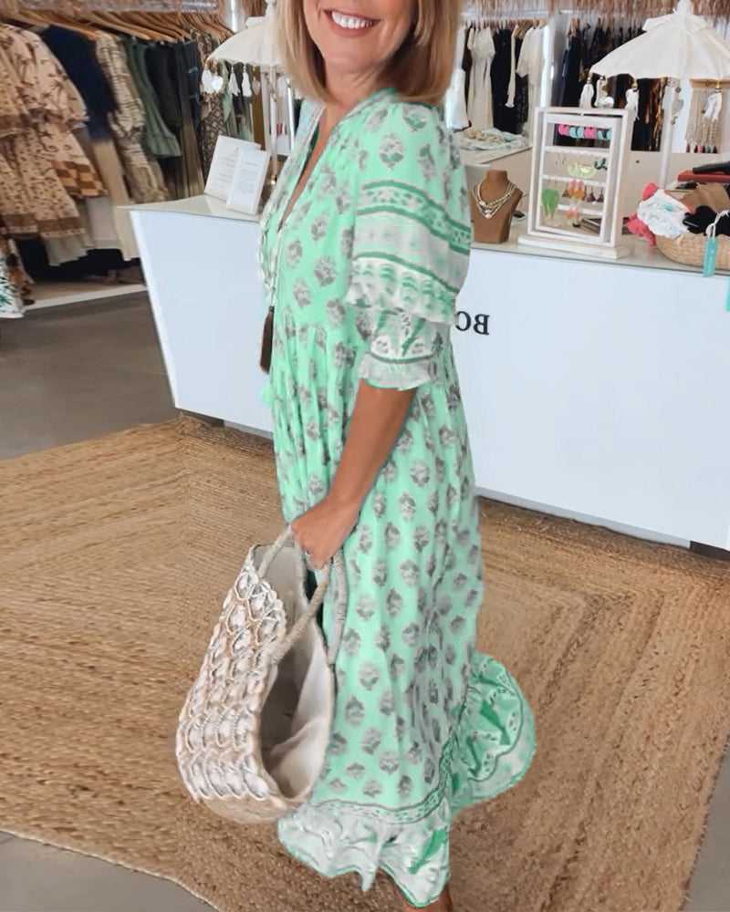 VERENA- PRINTED V-NECK HALF SLEEVE DRESS