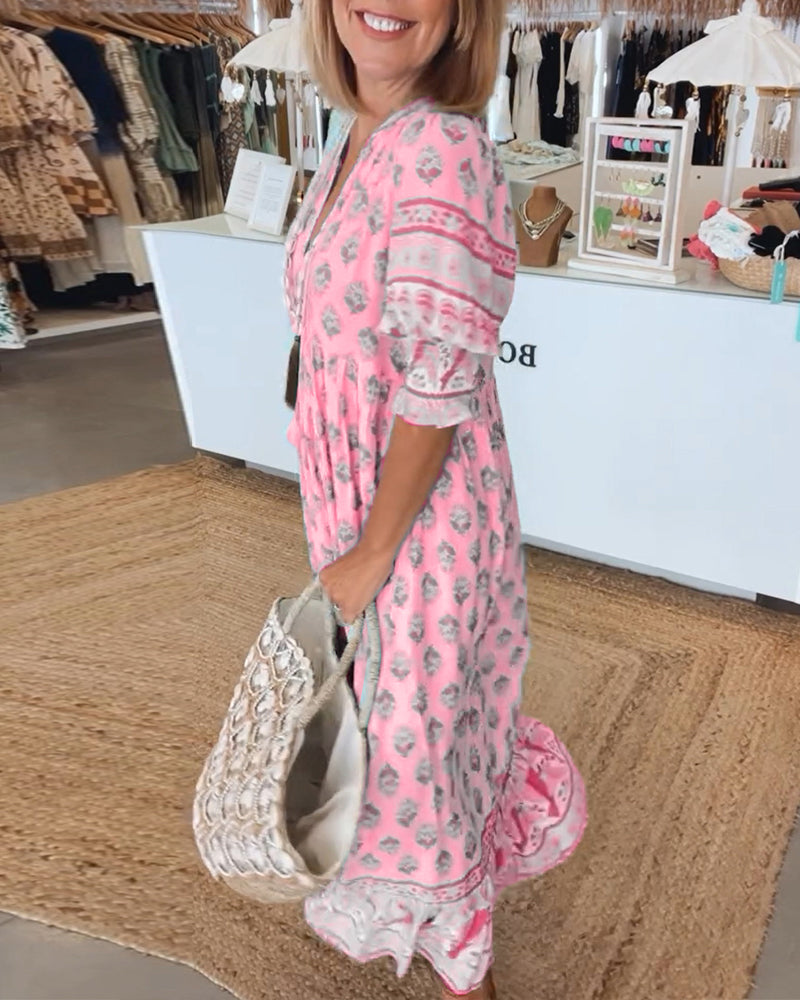 VERENA- PRINTED V-NECK HALF SLEEVE DRESS