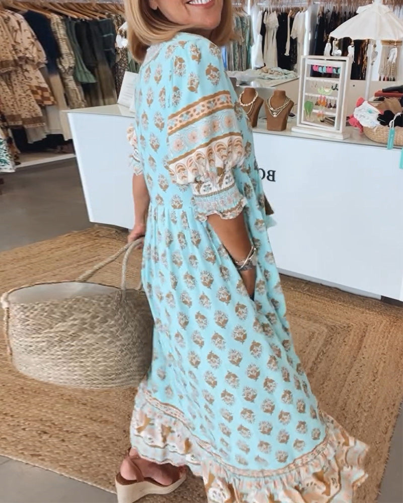 VERENA- PRINTED V-NECK HALF SLEEVE DRESS
