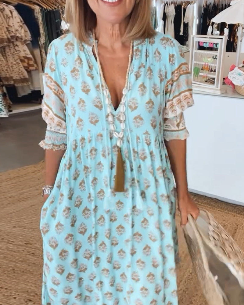 VERENA- PRINTED V-NECK HALF SLEEVE DRESS